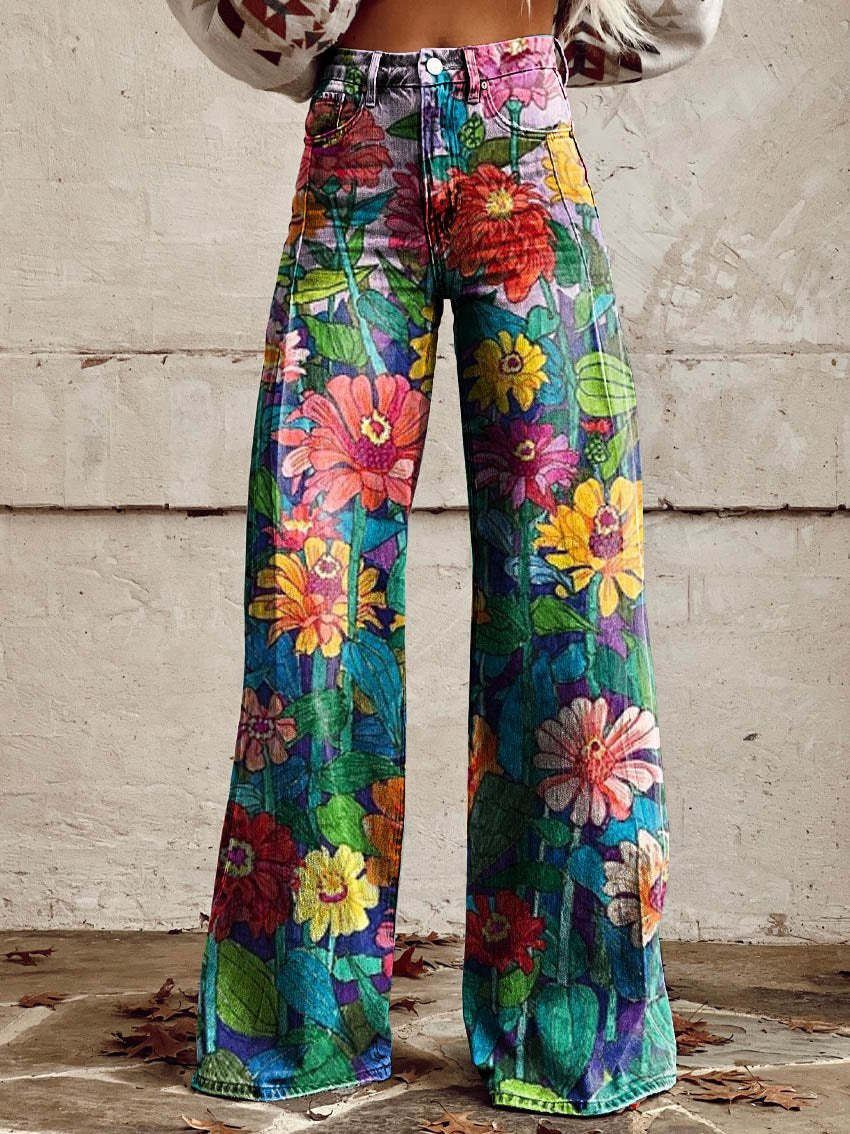 Retro Wide-Leg Pants with Stylish Print