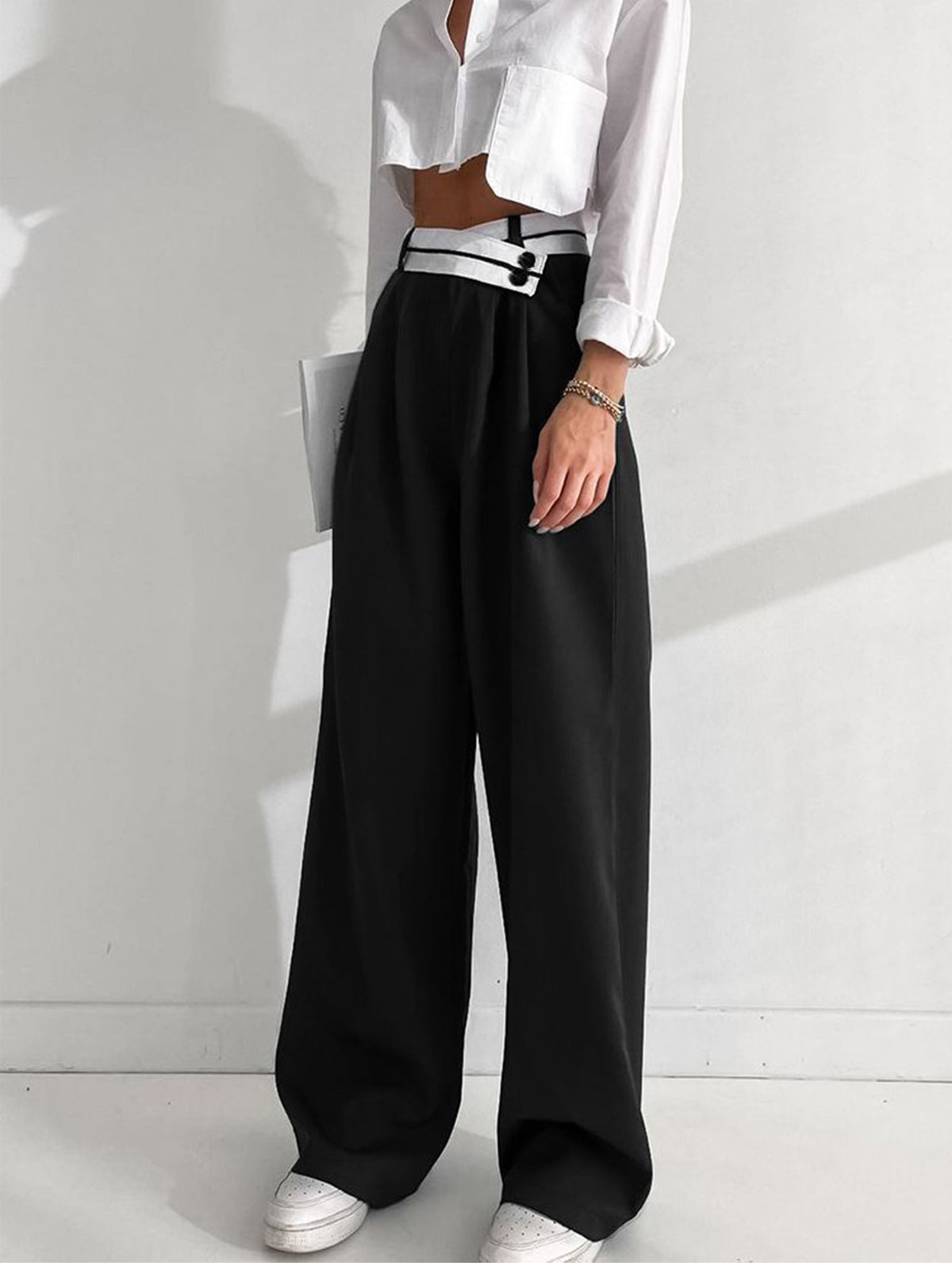 Inge | Asymmetrical Wide-Leg Trousers with Contrasting Waistband