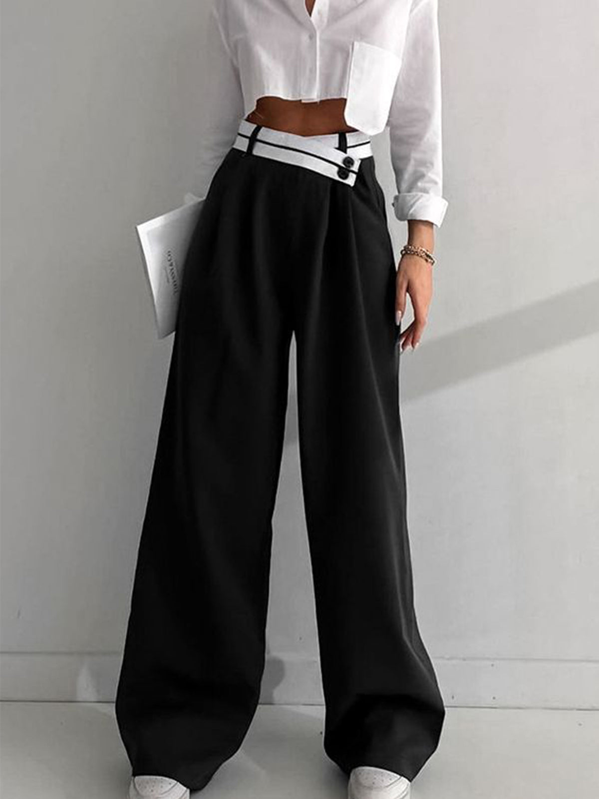 Inge | Asymmetrical Wide-Leg Trousers with Contrasting Waistband