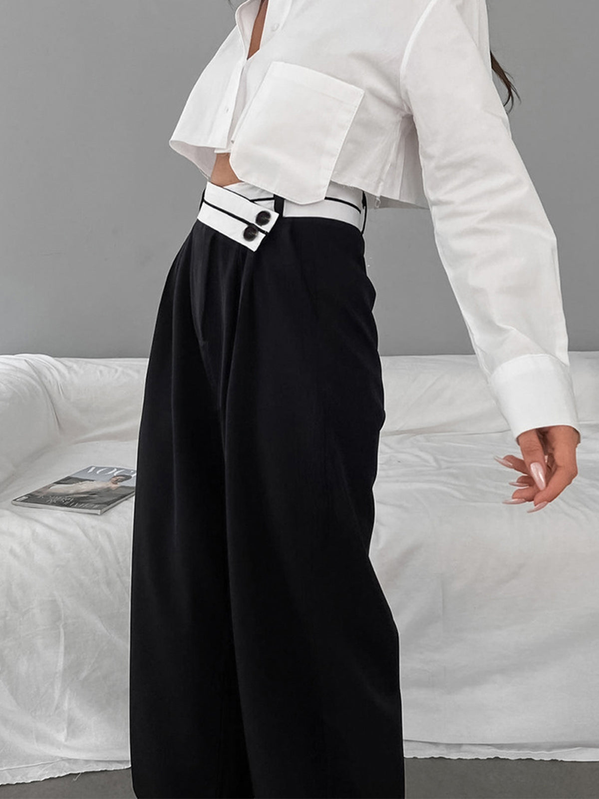 Inge | Asymmetrical Wide-Leg Trousers with Contrasting Waistband