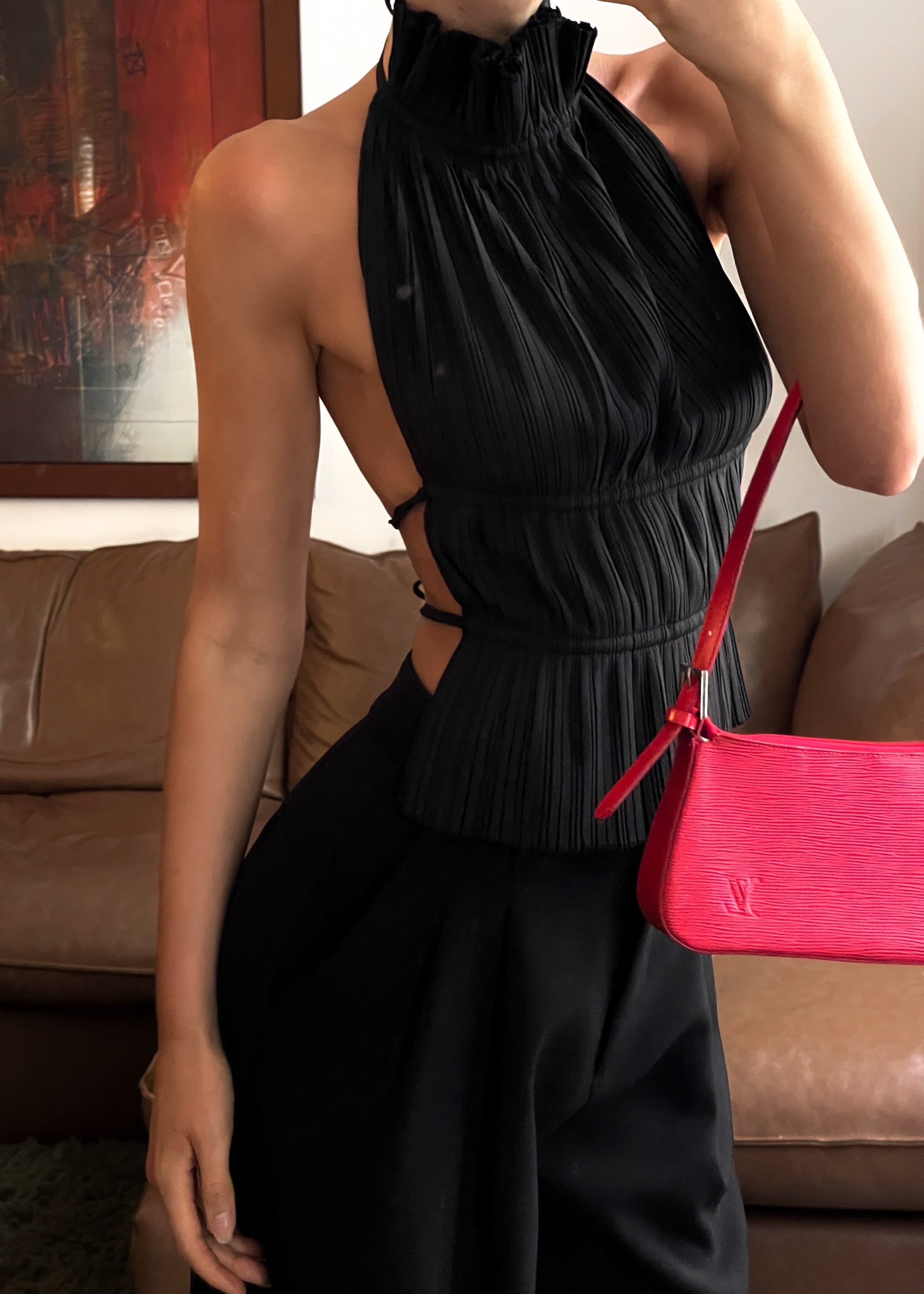 Perla | Elegant Black Pleated Crop Top with Open Back Design