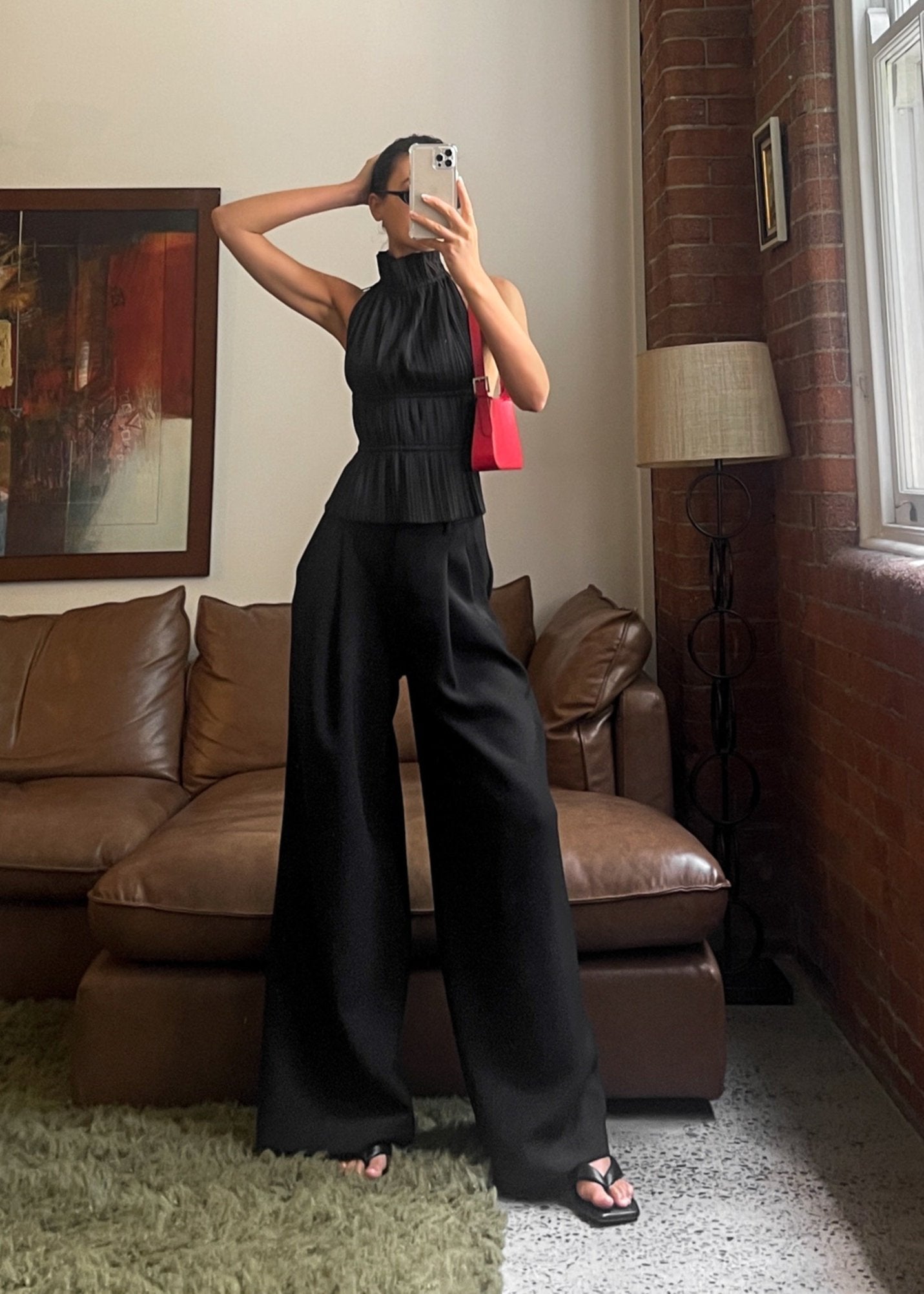 Perla | Elegant Black Pleated Crop Top with Open Back Design