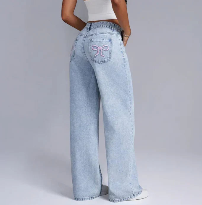Dahna | Wide-Leg Denim Jeans with Charming Pink Bow Accents