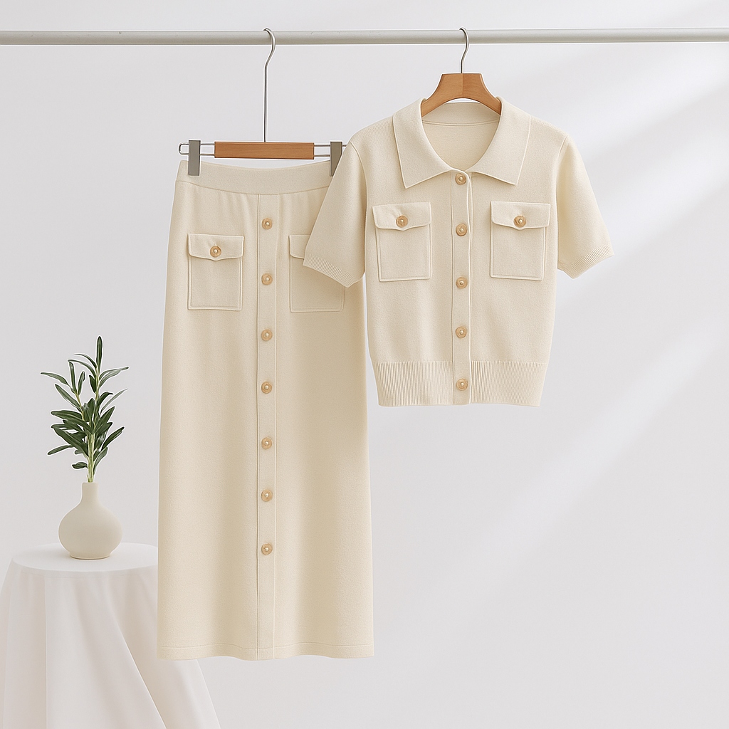 Elegant Two-Piece Ensemble - Short Sleeve Sweater with Long Skirt