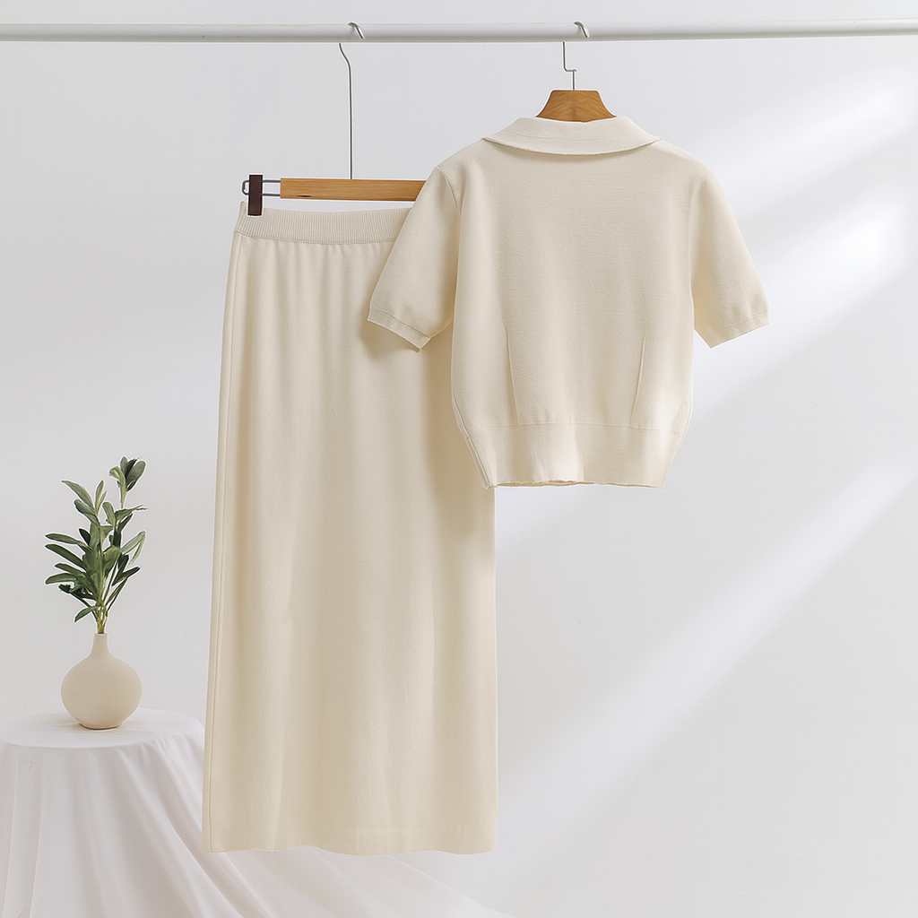 Elegant Two-Piece Ensemble - Short Sleeve Sweater with Long Skirt