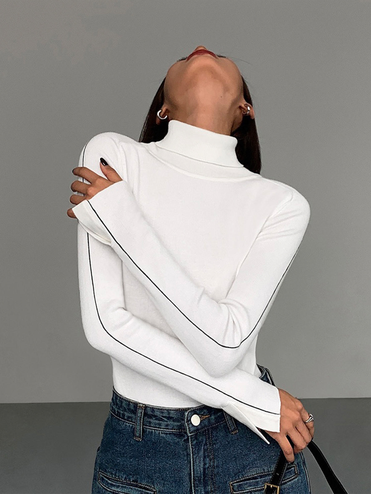 Xess | Women's High Stretch Turtleneck with Contrast Piping