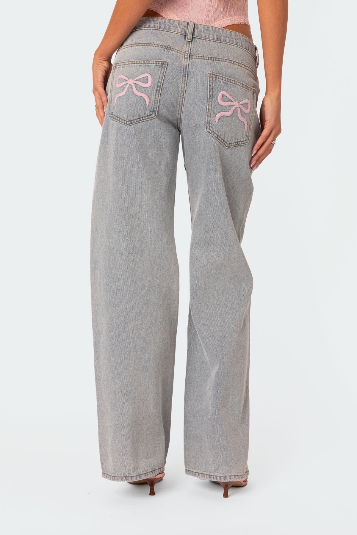 Dahna | Wide-Leg Denim Jeans with Charming Pink Bow Accents