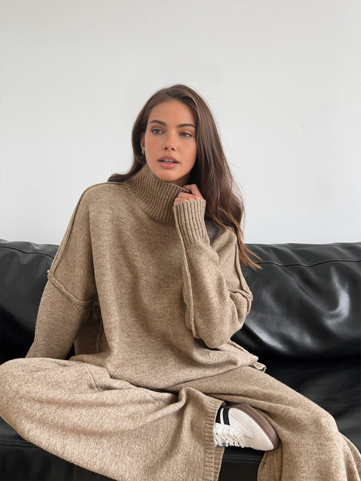 Gerio | Women's Knitted Turtleneck Two-Piece Loungewear Set