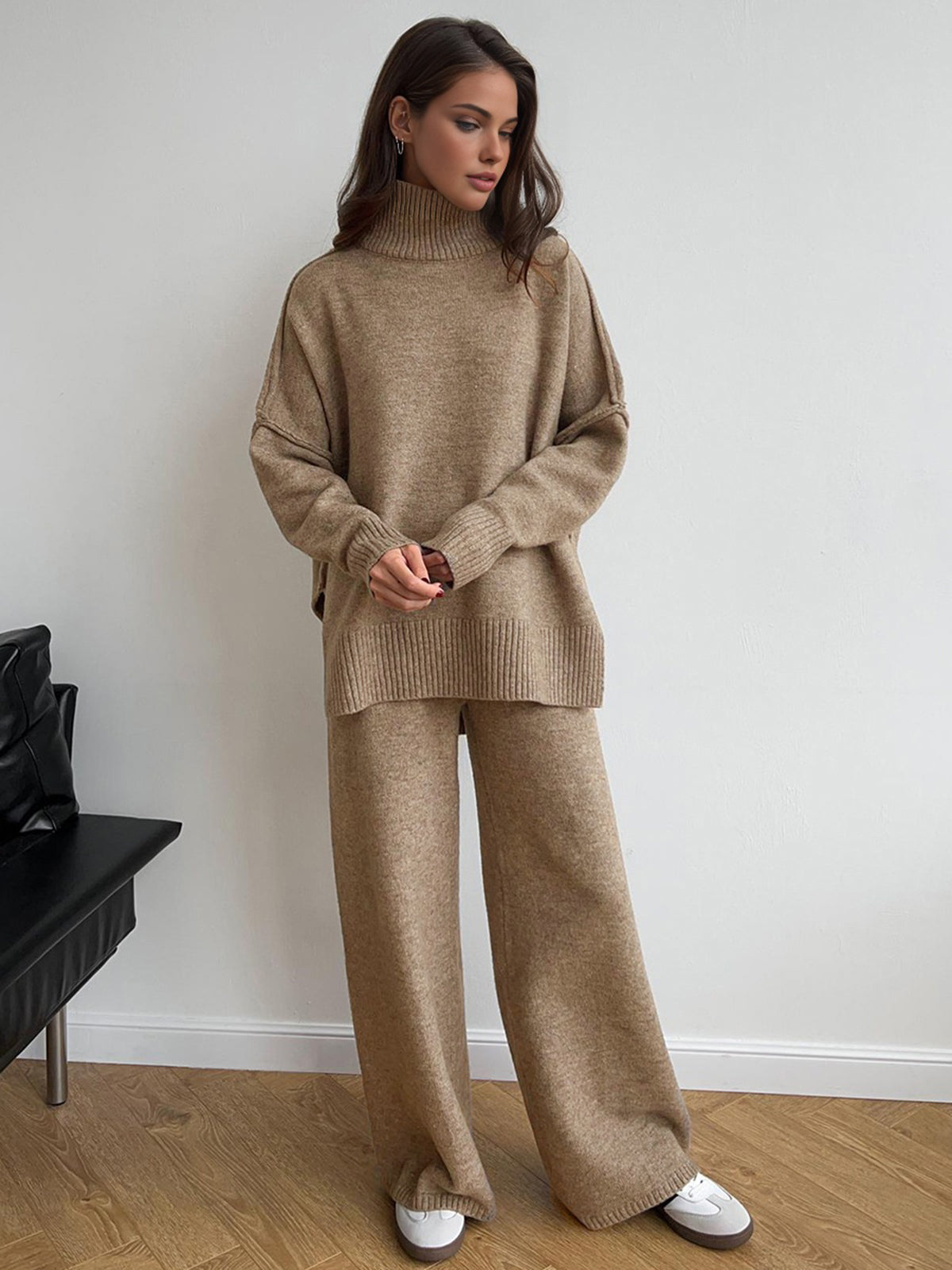 Gerio | Women's Knitted Turtleneck Two-Piece Loungewear Set