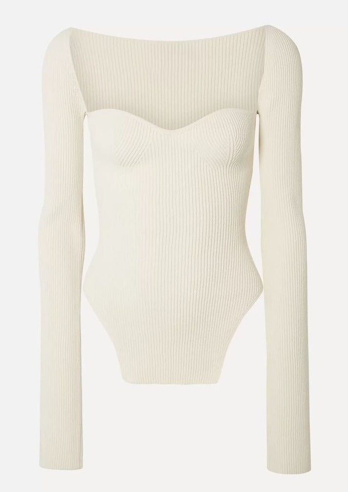 Joy-Ann | Beige Square Neck Knitted Bodysuit