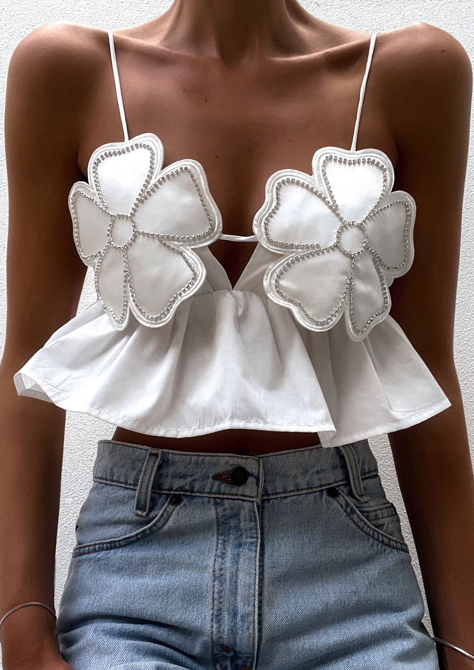 Junia | White Floral Crop Top with Rhinestone Accents