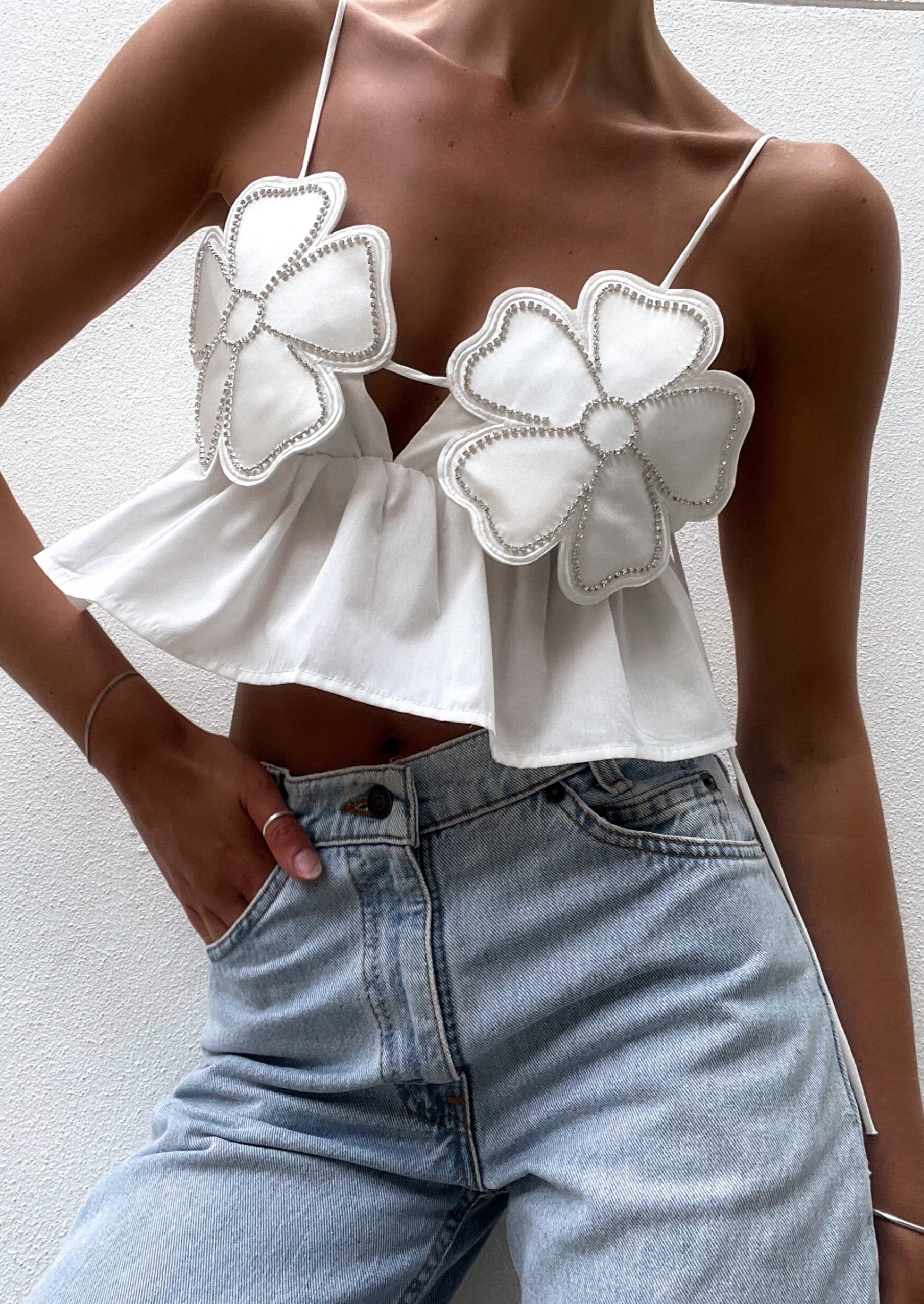 Junia | White Floral Crop Top with Rhinestone Accents