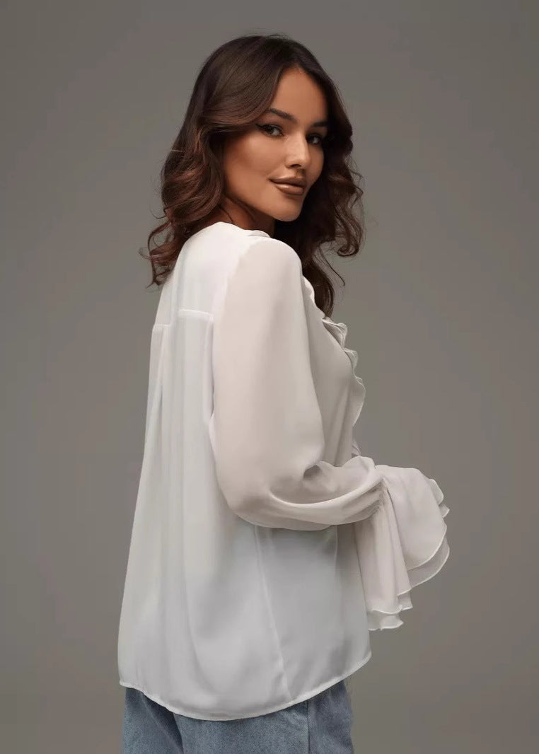 Zhoe | Elegant Women's V-Neck Chiffon Blouse with Ruffles – Light and Airy
