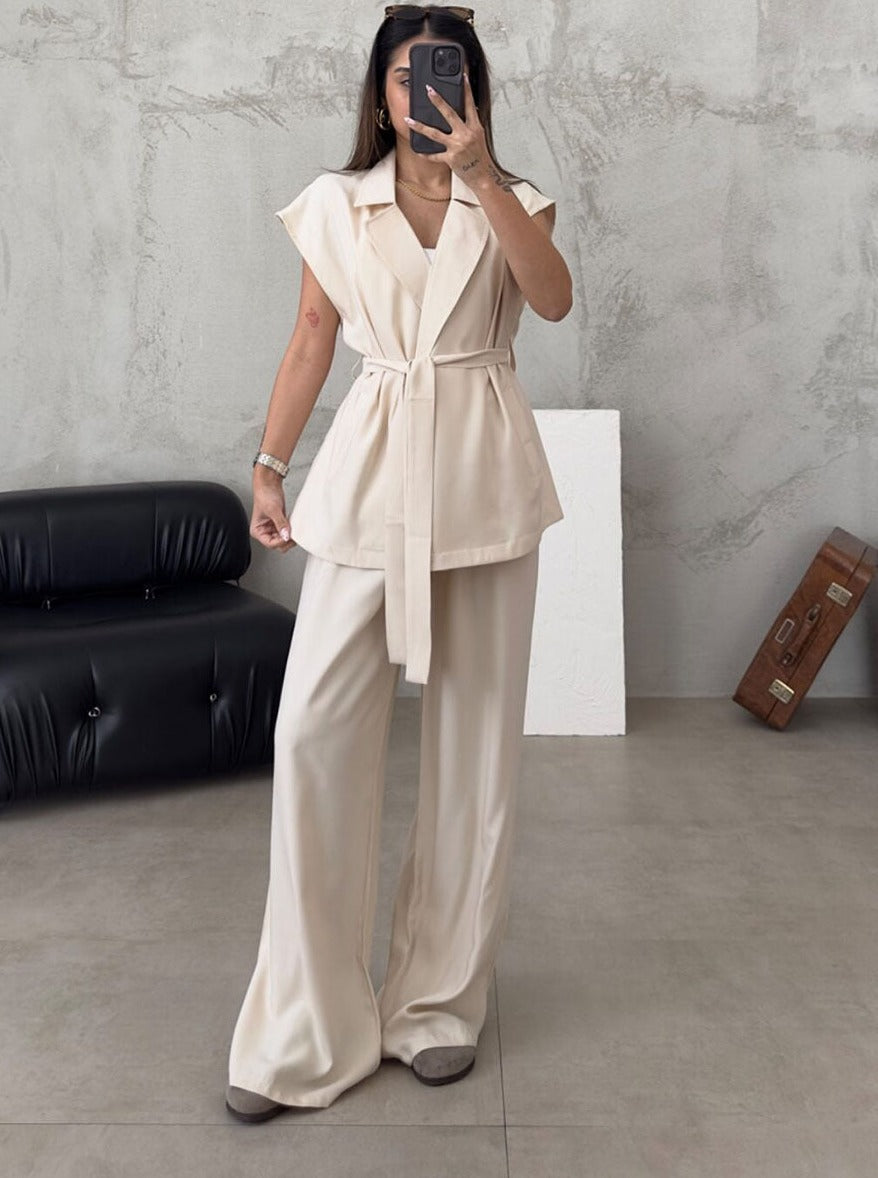 Thyrza | Chic Women's Ensemble - Wrap Top & Wide Leg Trousers