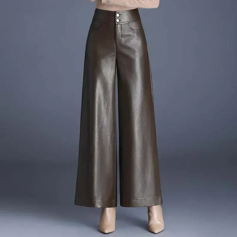 Stacia | Chic High-Waisted Faux Leather Trousers for Women – Comfortable Wide Fit