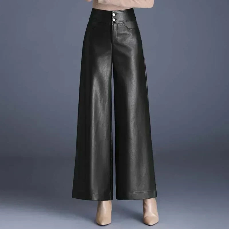 Stacia | Chic High-Waisted Faux Leather Trousers for Women – Comfortable Wide Fit