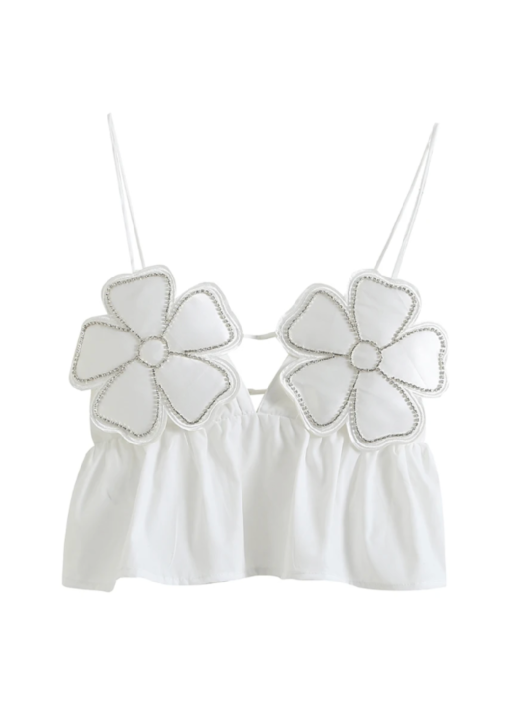Junia | White Floral Crop Top with Rhinestone Accents