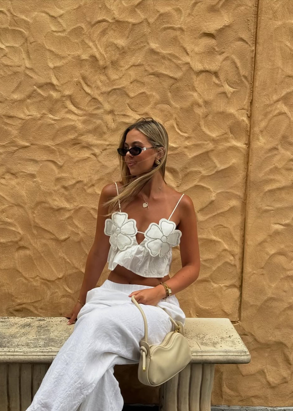 Junia | White Floral Crop Top with Rhinestone Accents