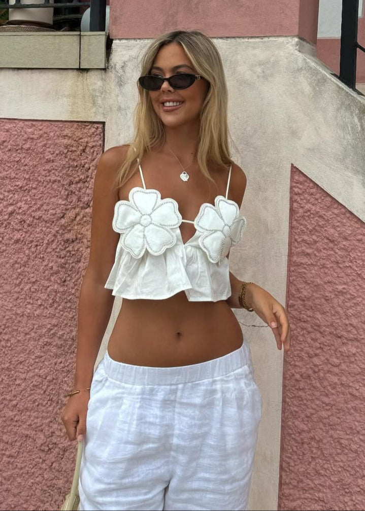 Junia | White Floral Crop Top with Rhinestone Accents