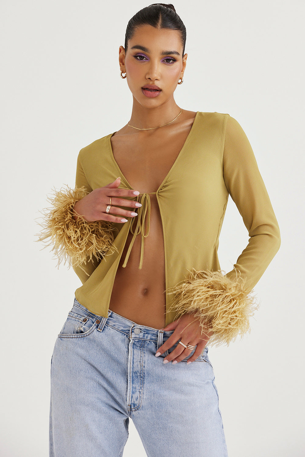 Chic V-Neck Top with Bow and Feather Details - Breezy Elegance