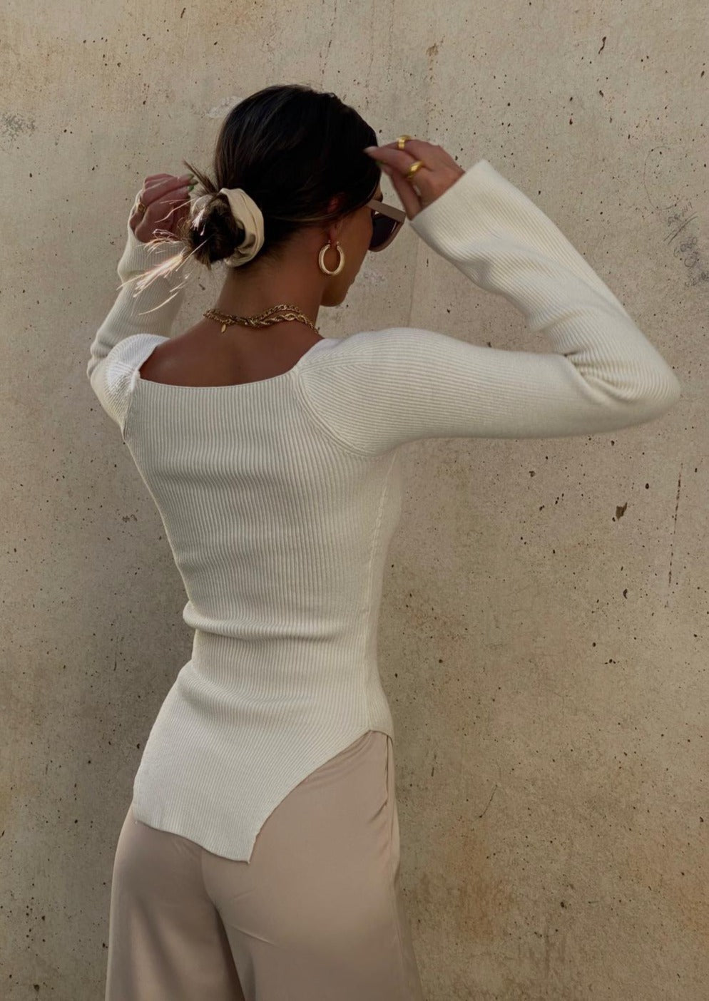 Joy-Ann | Beige Square Neck Knitted Bodysuit