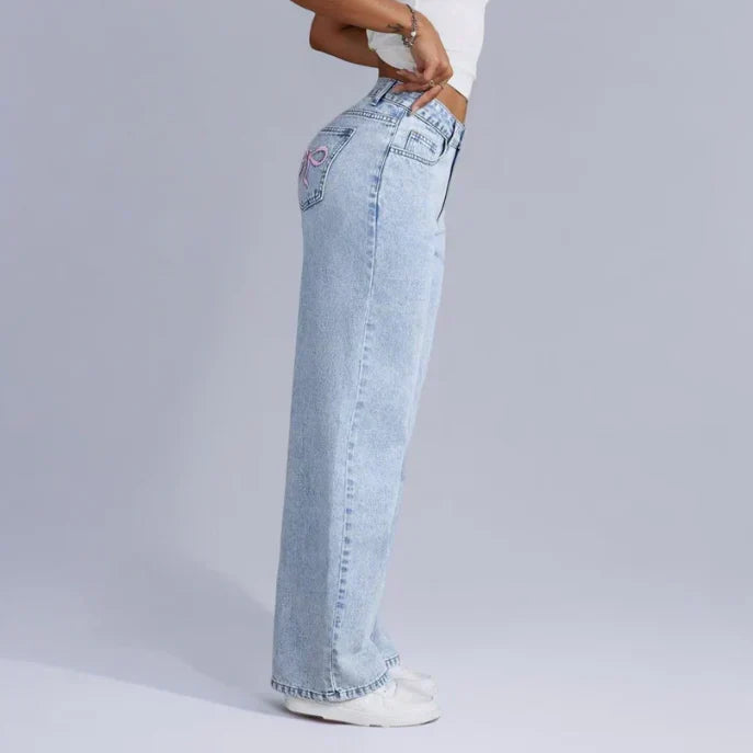 Dahna | Wide-Leg Denim Jeans with Charming Pink Bow Accents