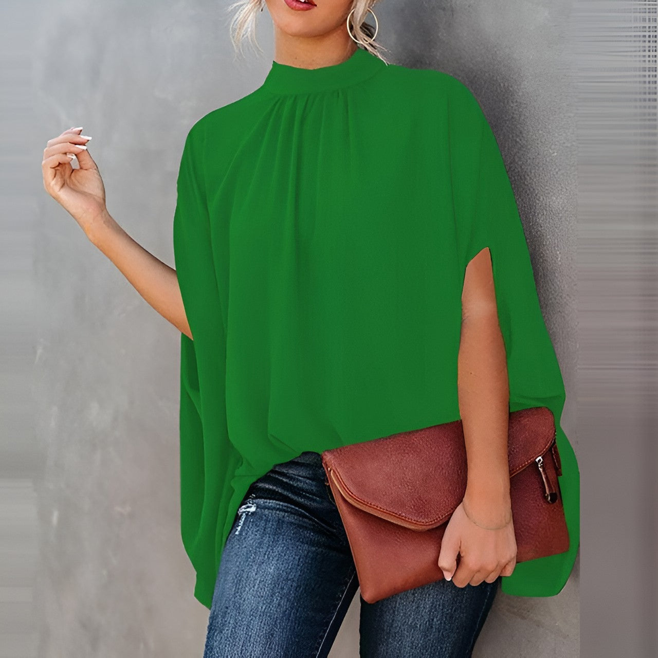 High Neck Blouse with Batwing Sleeves - Available in Printed or Solid Styles