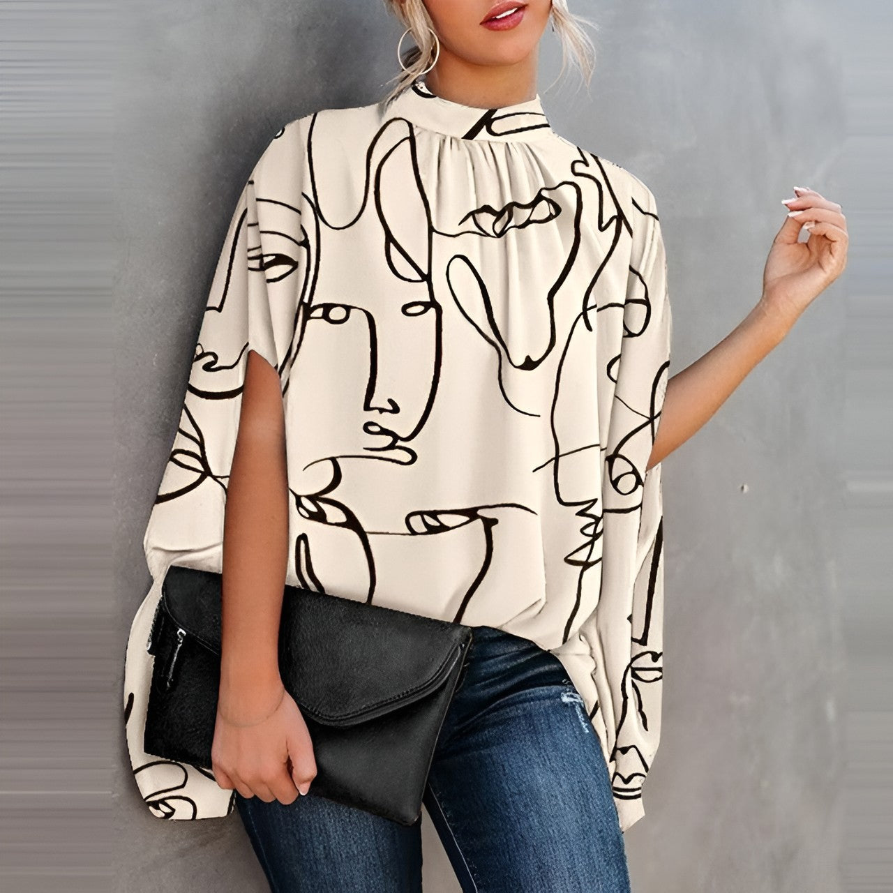 High Neck Blouse with Batwing Sleeves - Available in Printed or Solid Styles