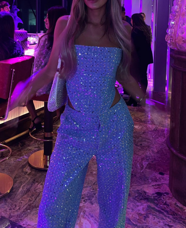 Bettina | Two-Piece Glitter Set – Strapless Top & Straight Pants