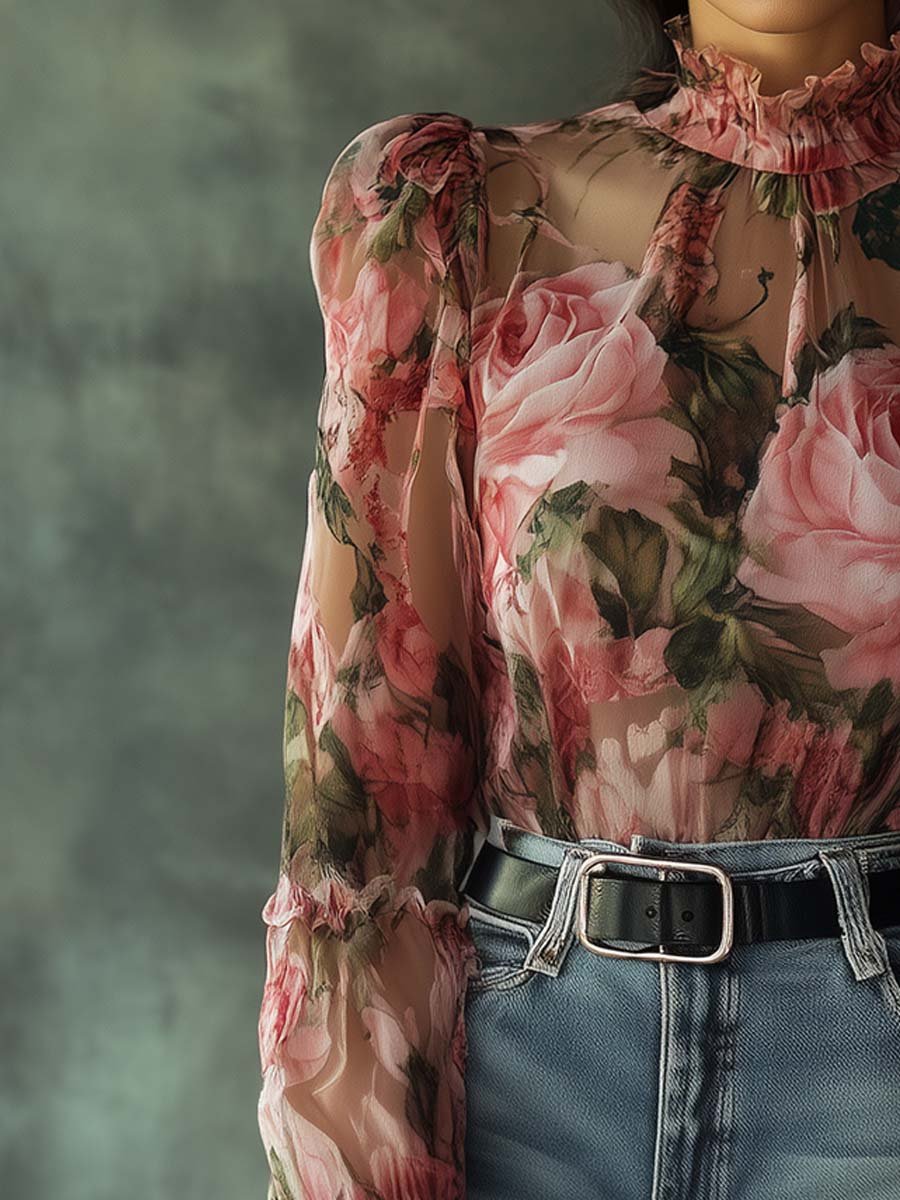 Chic Sheer Pink Ruffled Blouse